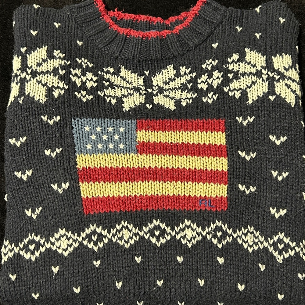87 Vtg Ralph Lauren Polo Navy American Flag Sweater